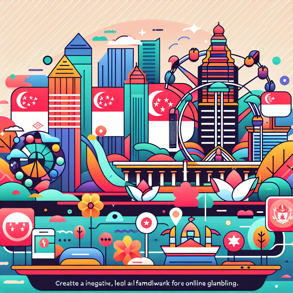 A vibrant infographic illustrating the legal framework of online gambling in Singapore, including government-approved sites and licensing bodies