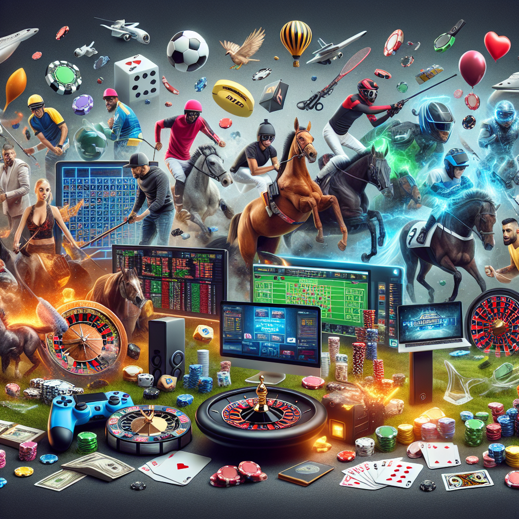 A vibrant digital collage of various online betting options including sports betting, casino games, esports, poker and horse racing