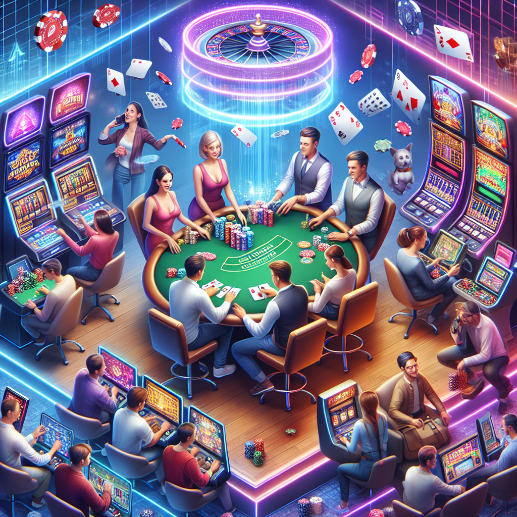 A vibrant and engaging online casino atmosphere with players enjoying various games like poker and slots
