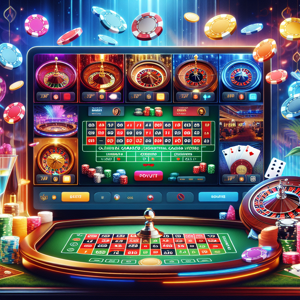A vibrant online casino interface showcasing various games like baccarat, roulette, and poker in a lively setting