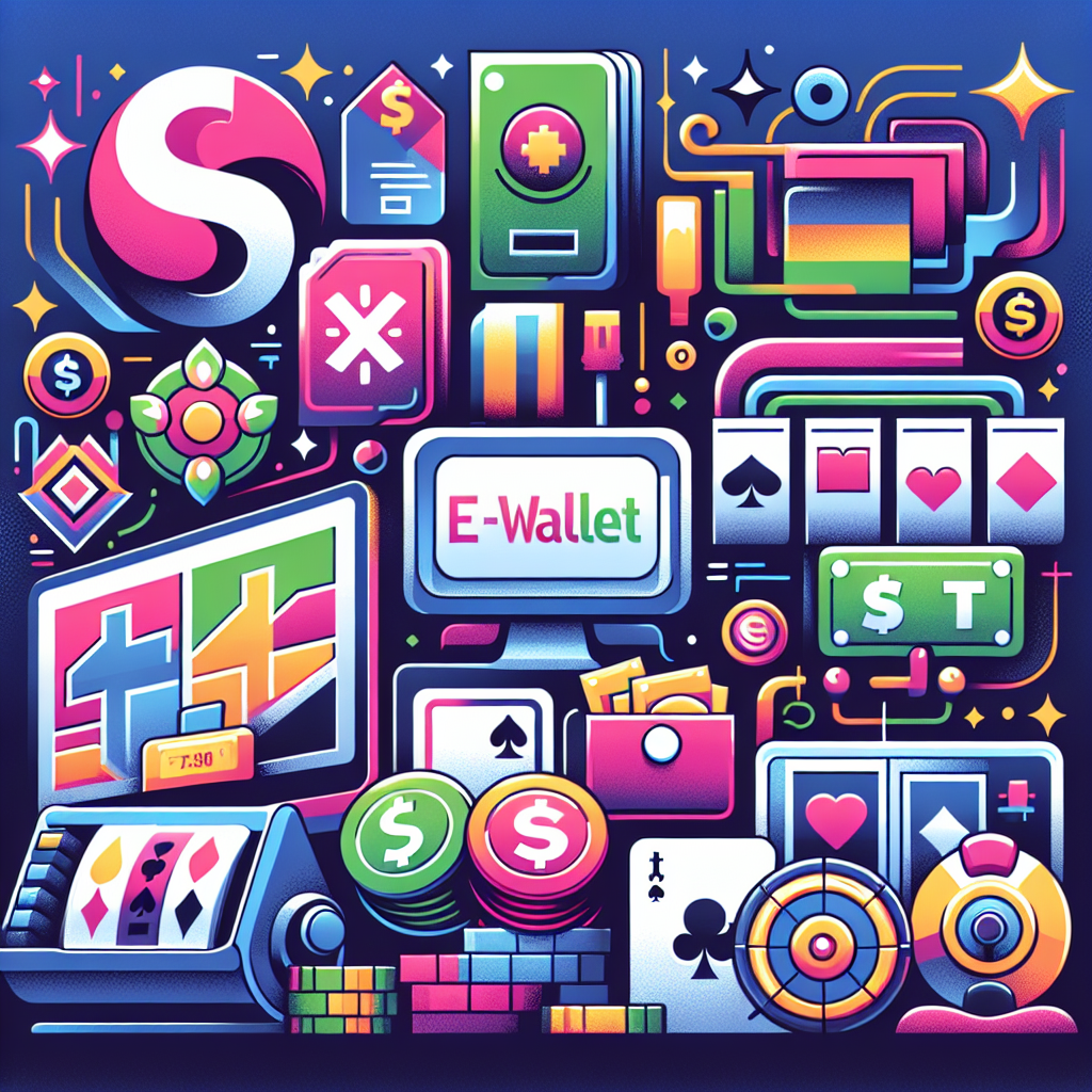 A vibrant illustration depicting various e-wallet logos like PayPal, Skrill, and GrabPay alongside popular casino games like slots and poker