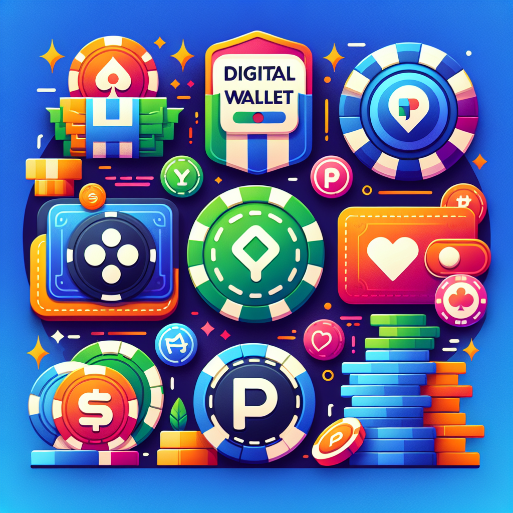 A vibrant illustration showing various e-wallet logos like PayPal and GrabPay alongside casino elements like chips and cards