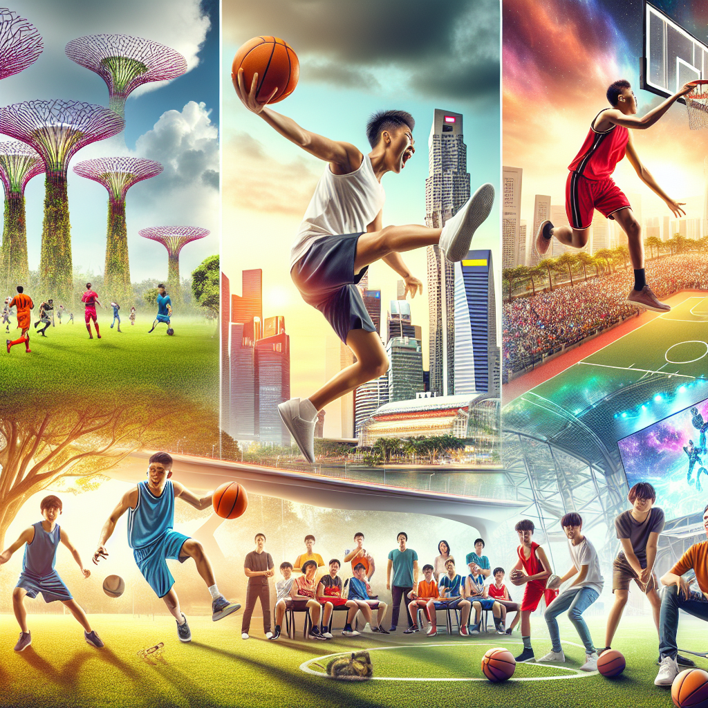 A vibrant illustration depicting various sports activities like football, basketball, and esports with a backdrop of Singapore's skyline