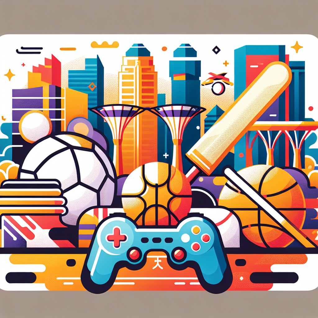 A vibrant illustration showing various sports icons like football, basketball, cricket, and esports with a backdrop of Singapore's skyline
