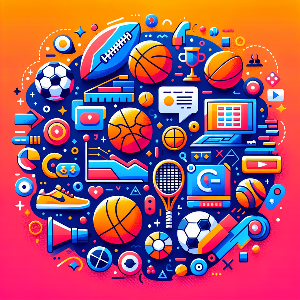 A vibrant illustration showcasing various sports symbols like footballs, basketballs, tennis rackets, and esports icons with digital elements representing online betting