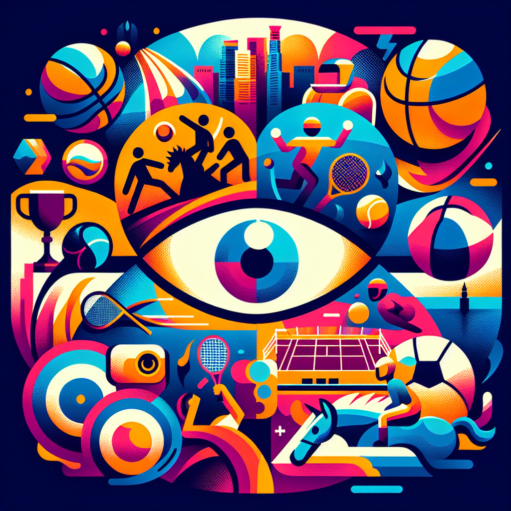 A vibrant illustration showing various sports icons representing football, basketball, tennis, cricket, horse racing, rugby, and esports with a backdrop of Singapore's skyline