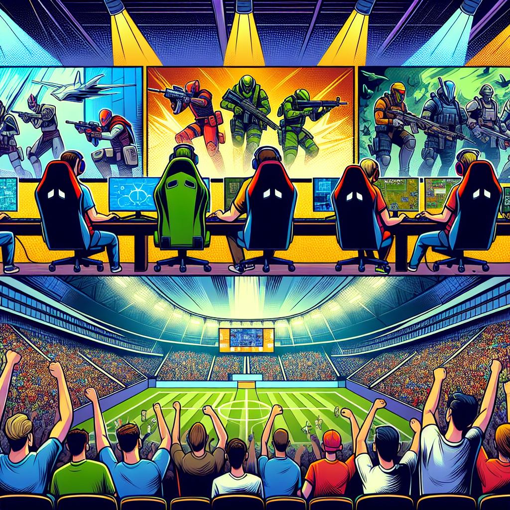 A vibrant illustration showing various esports games like Dota 2, League of Legends, and Counter-Strike being played with fans cheering in a stadium