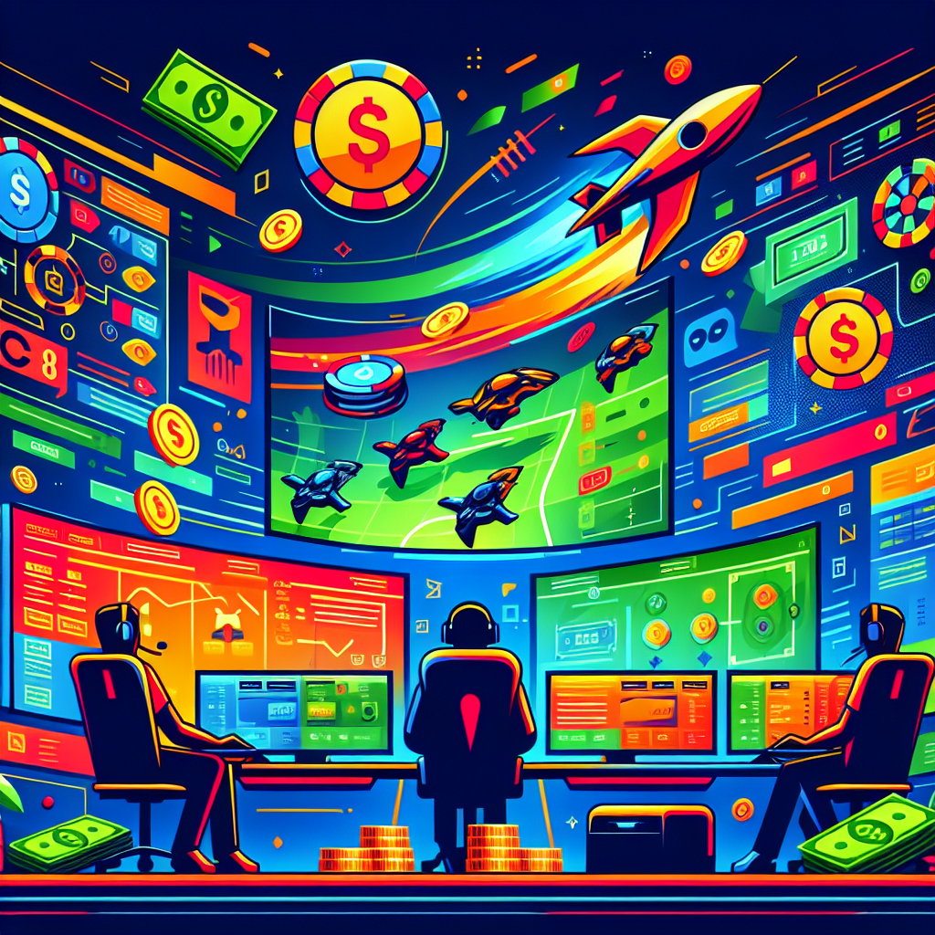 A vibrant illustration showing various esports games being played on different screens with betting elements like odds and money flowing around