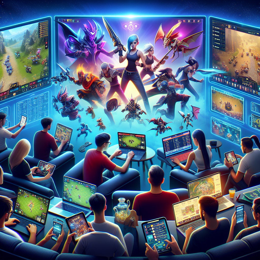 A vibrant esports betting scene with people using mobile devices and laptops, showcasing various esports games like League of Legends and Dota 2
