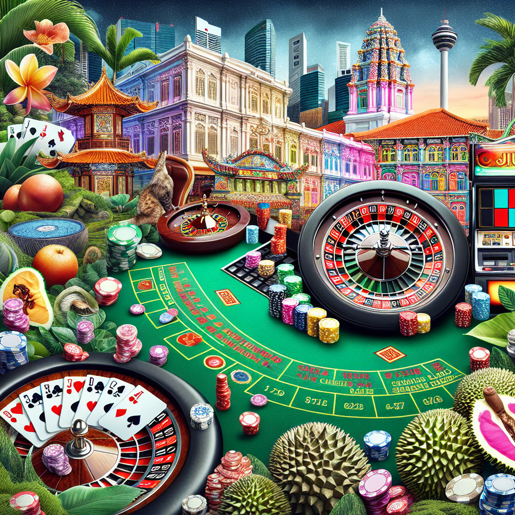 A vibrant digital collage showcasing various popular casino games such as blackjack, roulette, and slot machines with elements representing Singapore culture