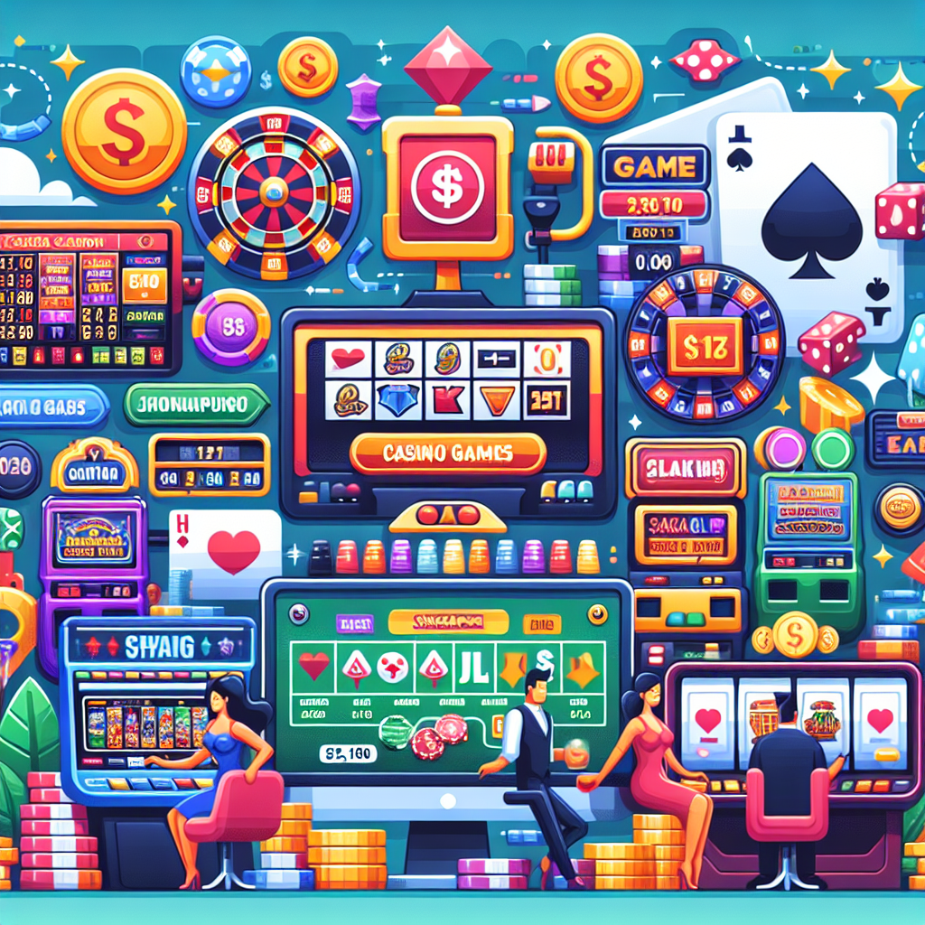 A modern digital illustration showcasing various online casino games popular in Singapore, including slots, poker, and live dealer tables