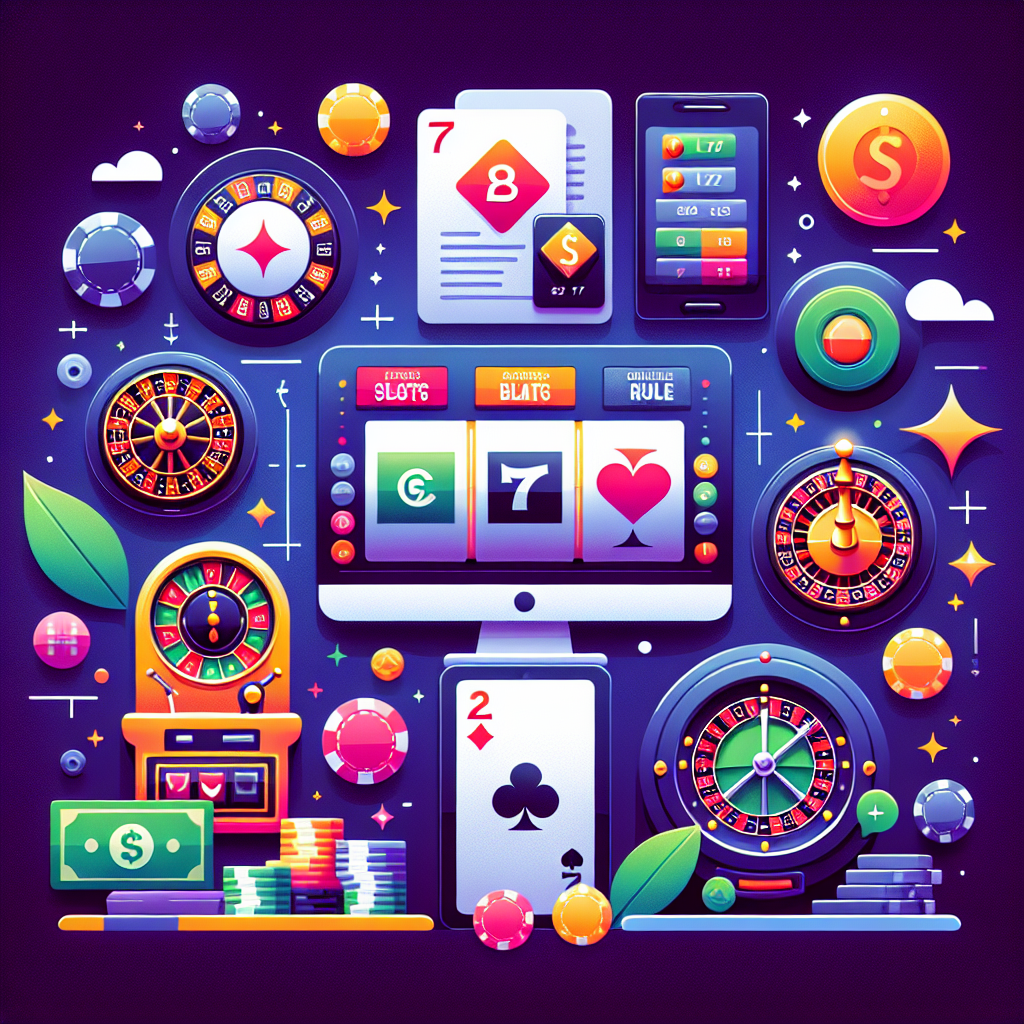 A vibrant illustration of various online casino games including slots, blackjack tables, and roulette wheels with a modern digital interface