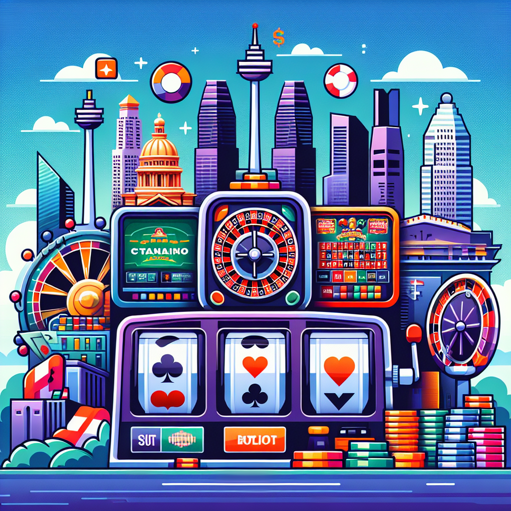 A vibrant illustration depicting various online casino games like slots, blackjack, roulette with elements representing Singapore's skyline