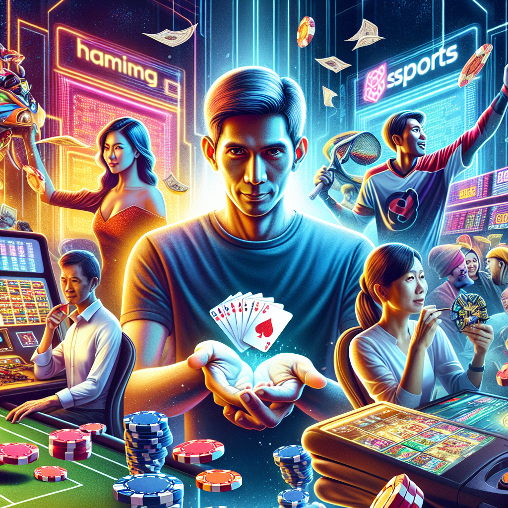 A vibrant illustration depicting various online betting activities in Singapore including sports betting, casino games, and esports with a modern digital theme