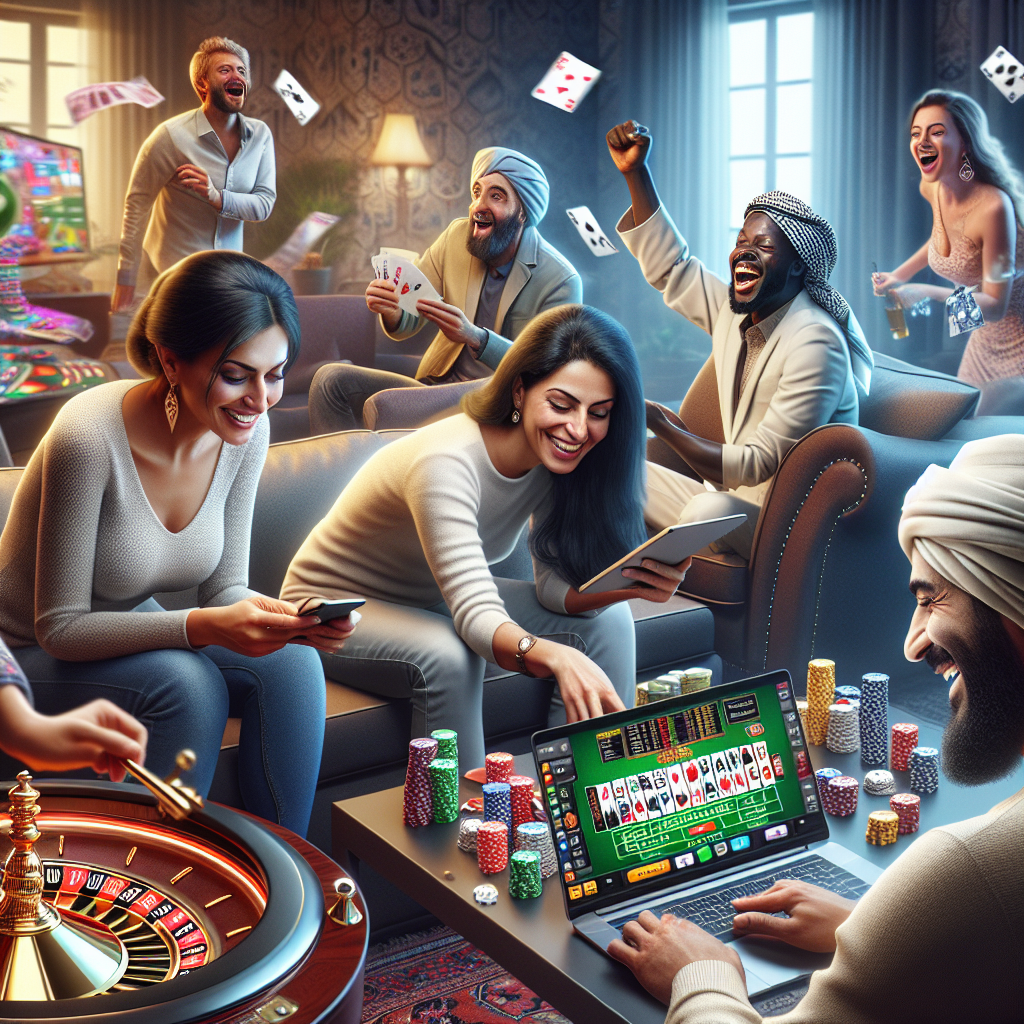 A vibrant illustration of an online casino scene featuring various games and players enjoying themselves at home