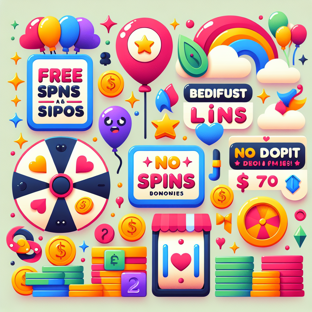 A vibrant illustration showcasing various casino welcome bonuses like free spins and no deposit bonuses with playful elements