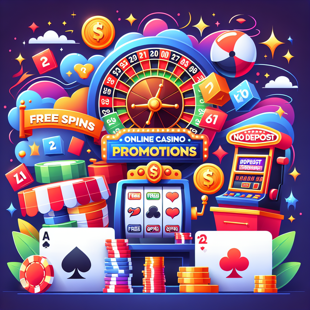 A vibrant graphic showcasing various online casino promotions like free spins and no deposit bonuses in a fun, engaging style