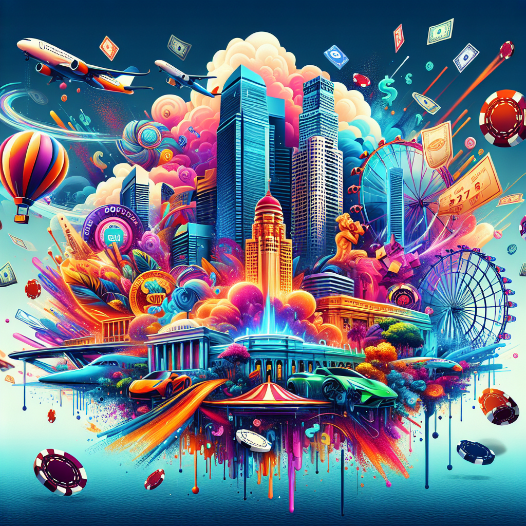 A vibrant digital illustration showcasing various online casino promotions like no deposit bonuses, free spins, and loyalty rewards in a Singaporean context