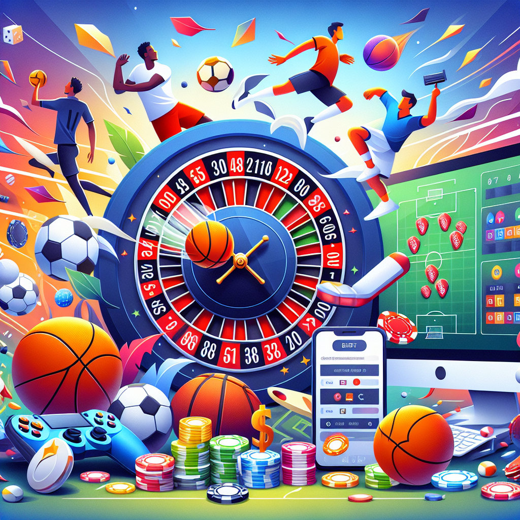 A vibrant illustration depicting various sports like football, basketball, cricket and esports with betting elements like odds and digital devices