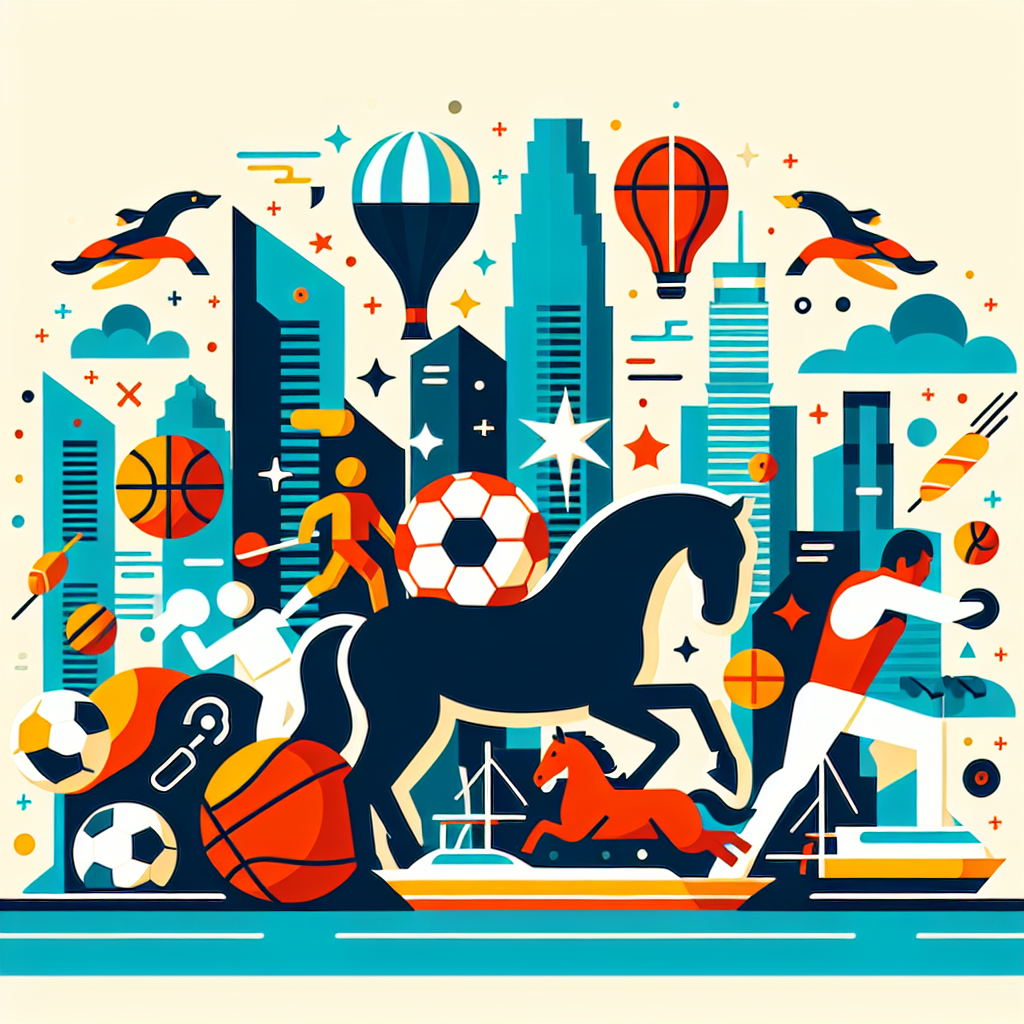 A vibrant illustration showing various sports symbols like footballs, basketballs, and horses with a backdrop of the Singapore skyline
