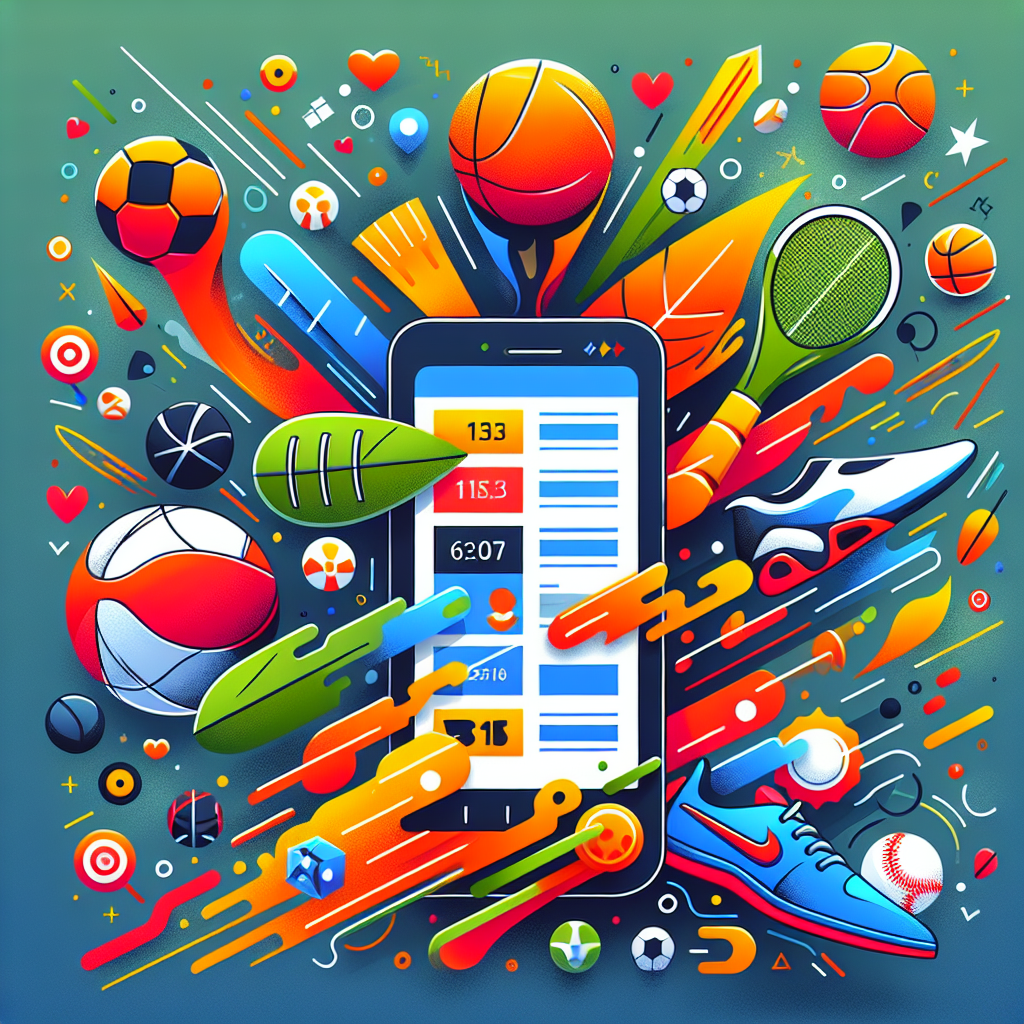 A vibrant illustration showing various sports icons like football, basketball, cricket, and esports symbols surrounding a smartphone displaying a sports betting app interface