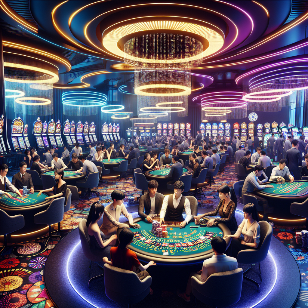 A vibrant scene inside a modern Singapore casino, showcasing players at various game tables including blackjack, roulette, and baccarat with neon lights