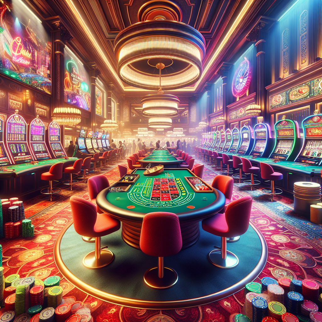 A vibrant scene showcasing popular casino games in Singapore including baccarat tables, blackjack, roulette wheel and slot machines