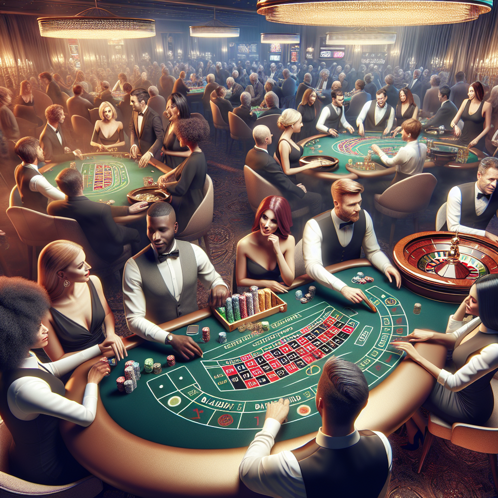A vibrant live casino scene featuring players at tables for blackjack, roulette, and baccarat with professional dealers interacting with them.