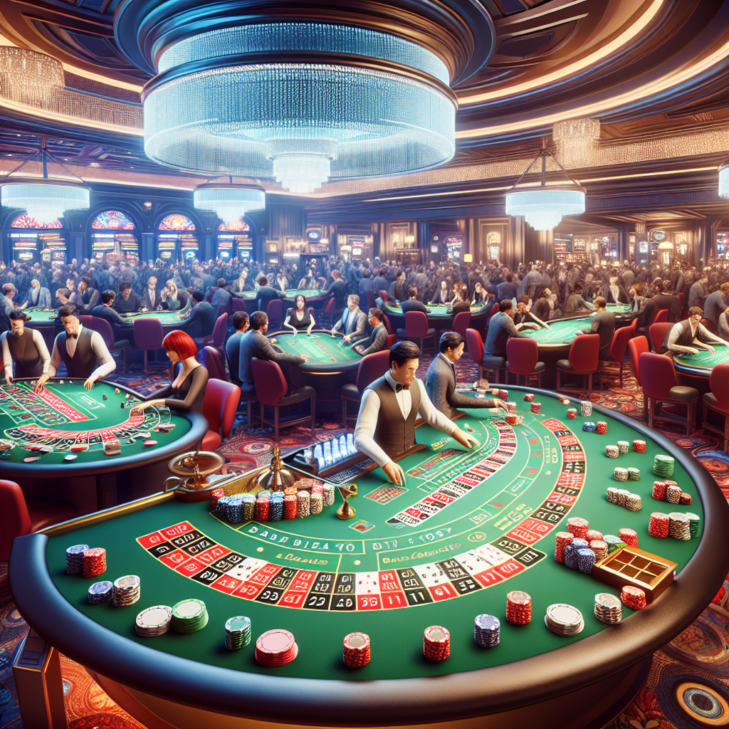 A vibrant scene from a Singapore casino featuring Baccarat tables, Blackjack cards being dealt, and Roulette wheels spinning with players engaged