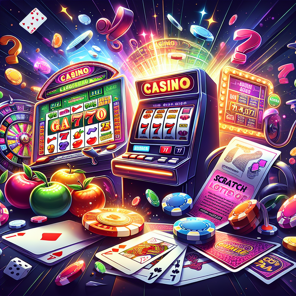 A vibrant illustration of various online casino games including slots, card games, and lottery, showcasing excitement and potential jackpots