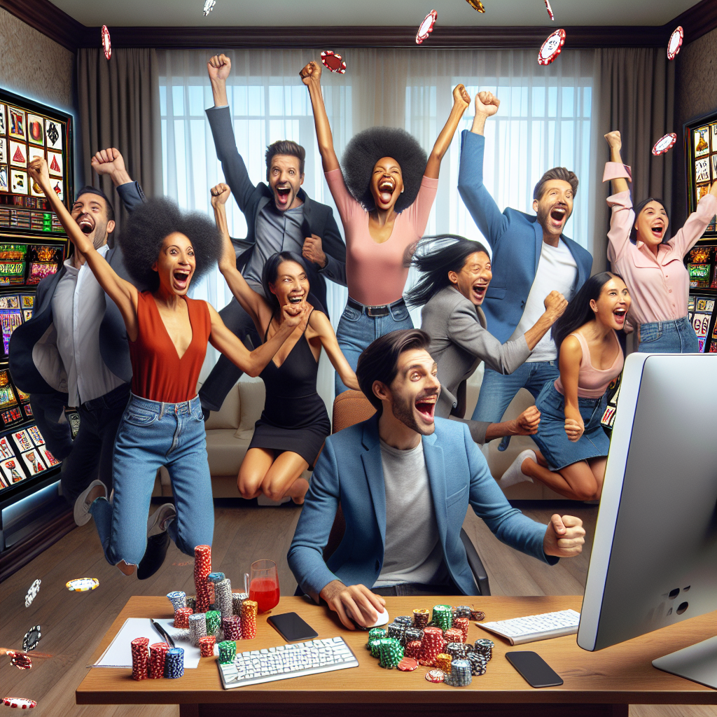 A group of successful gamblers celebrating a jackpot win at an online casino, showing excitement and joy
