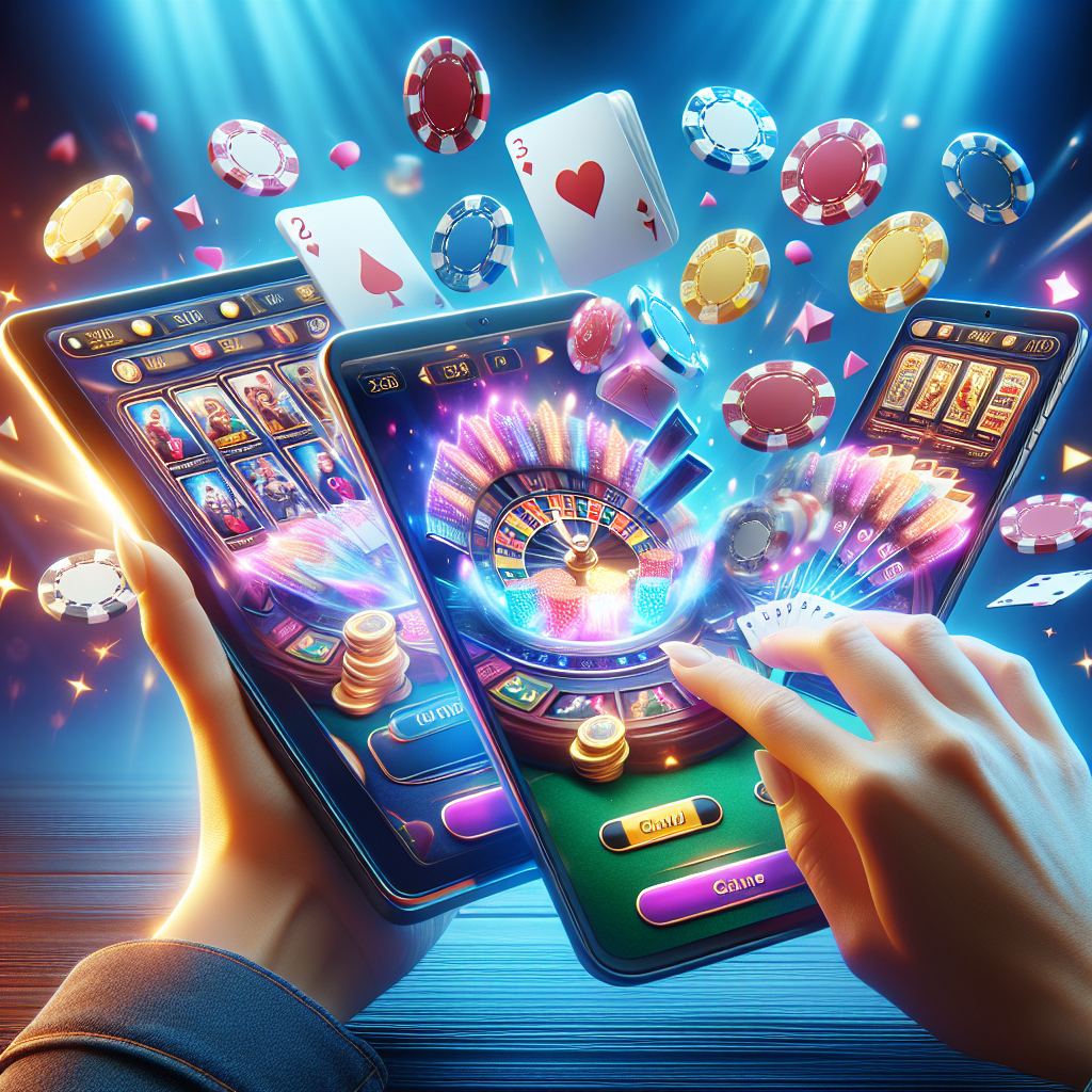 A vibrant and exciting online casino scene showcasing various card games being played on mobile devices