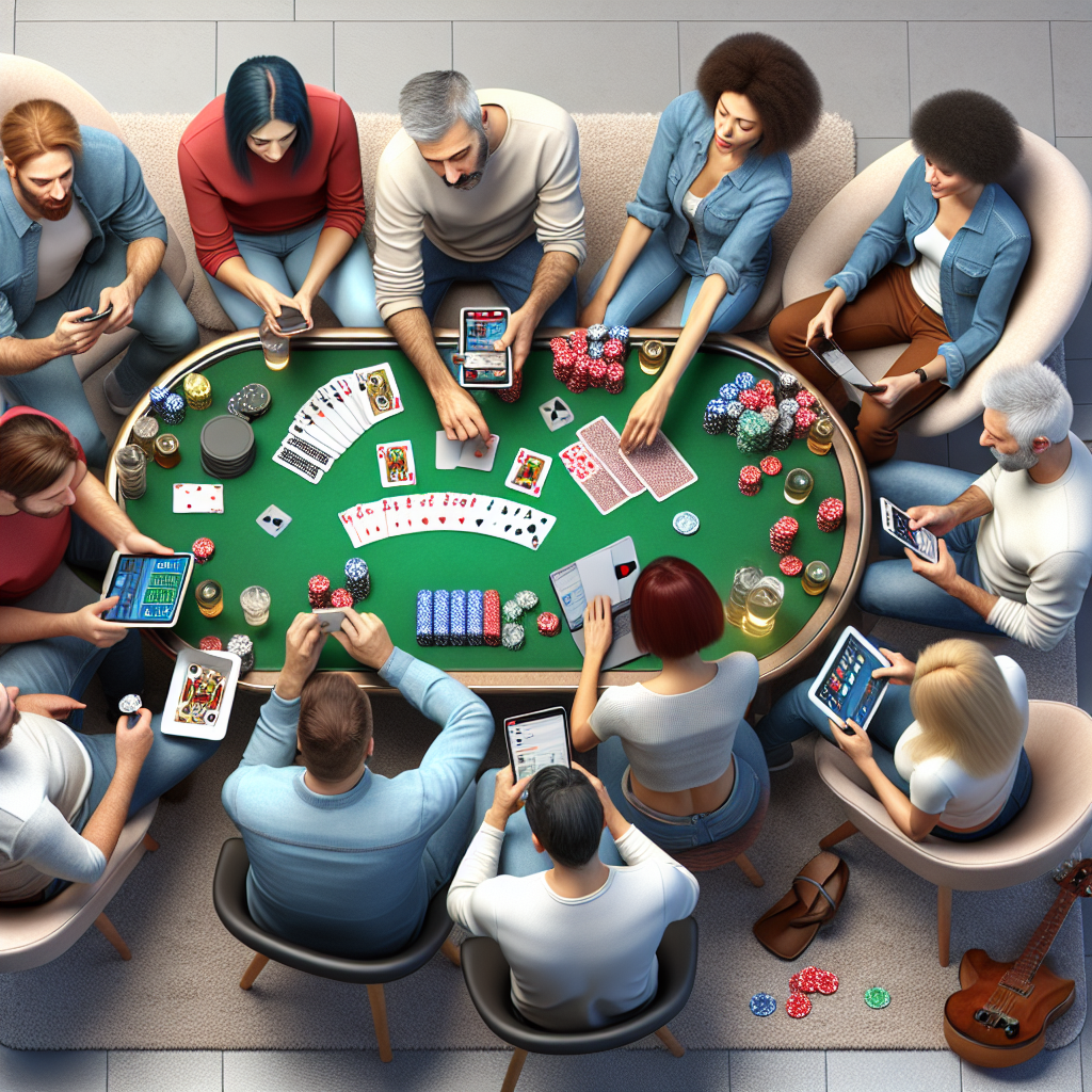 A vibrant illustration of people playing card games online on their devices, showcasing various card games like poker and blackjack in a cozy home setting