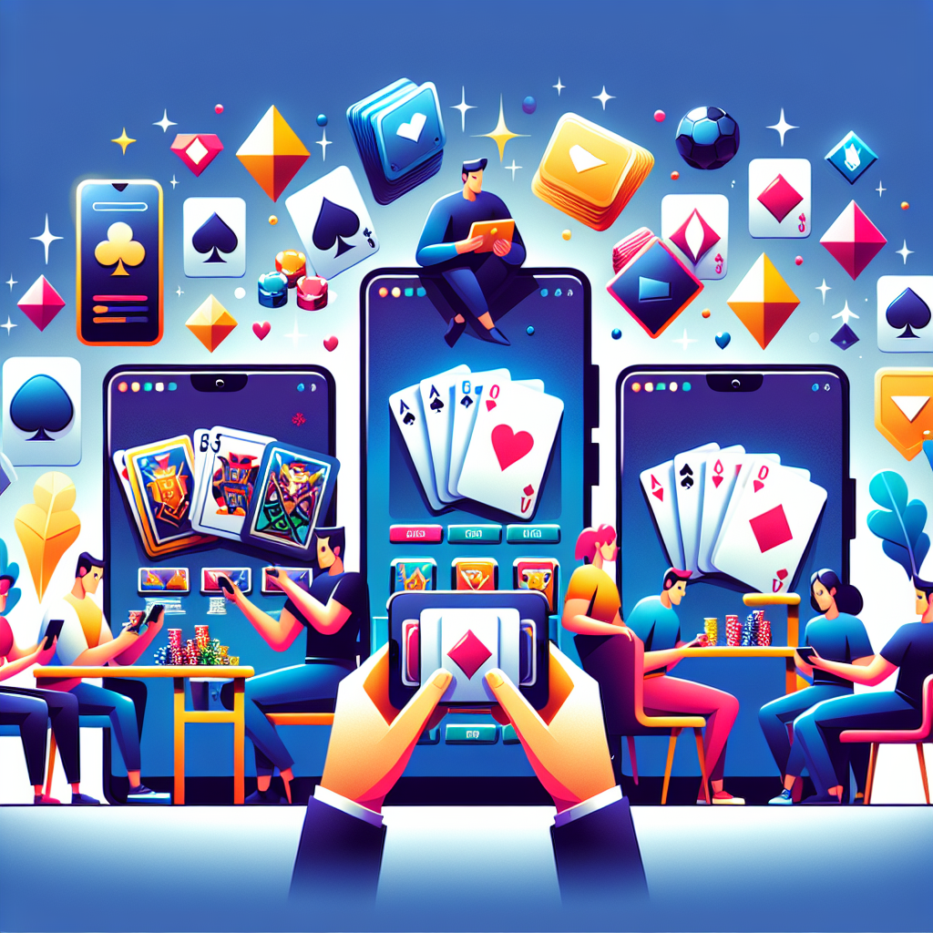 A vibrant illustration of various popular online card games being played on mobile devices in a modern setting
