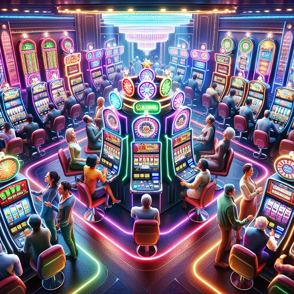 A vibrant digital casino with colorful slot machines and players enjoying games