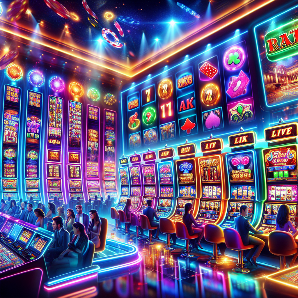 A vibrant online casino interface showcasing various slot machines and live dealer games