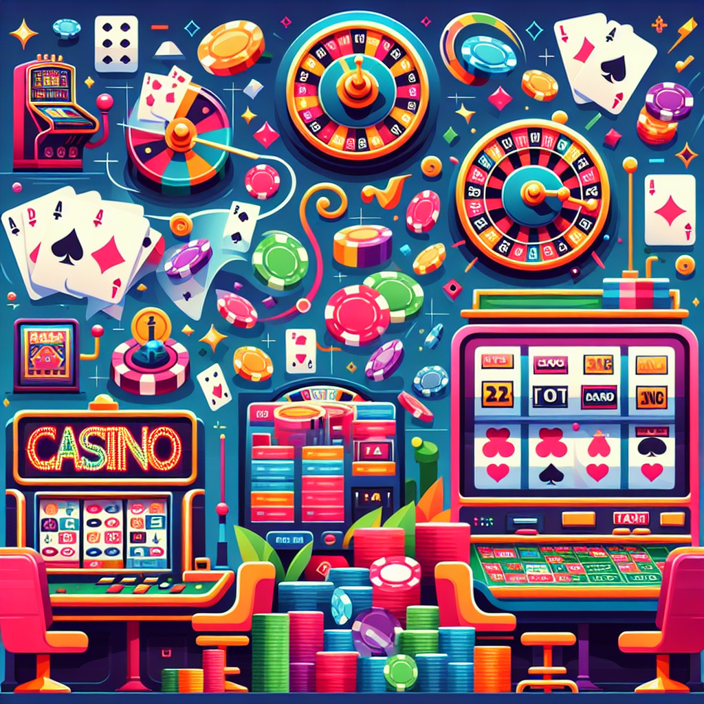 A vibrant illustration of various casino games including slots and table games