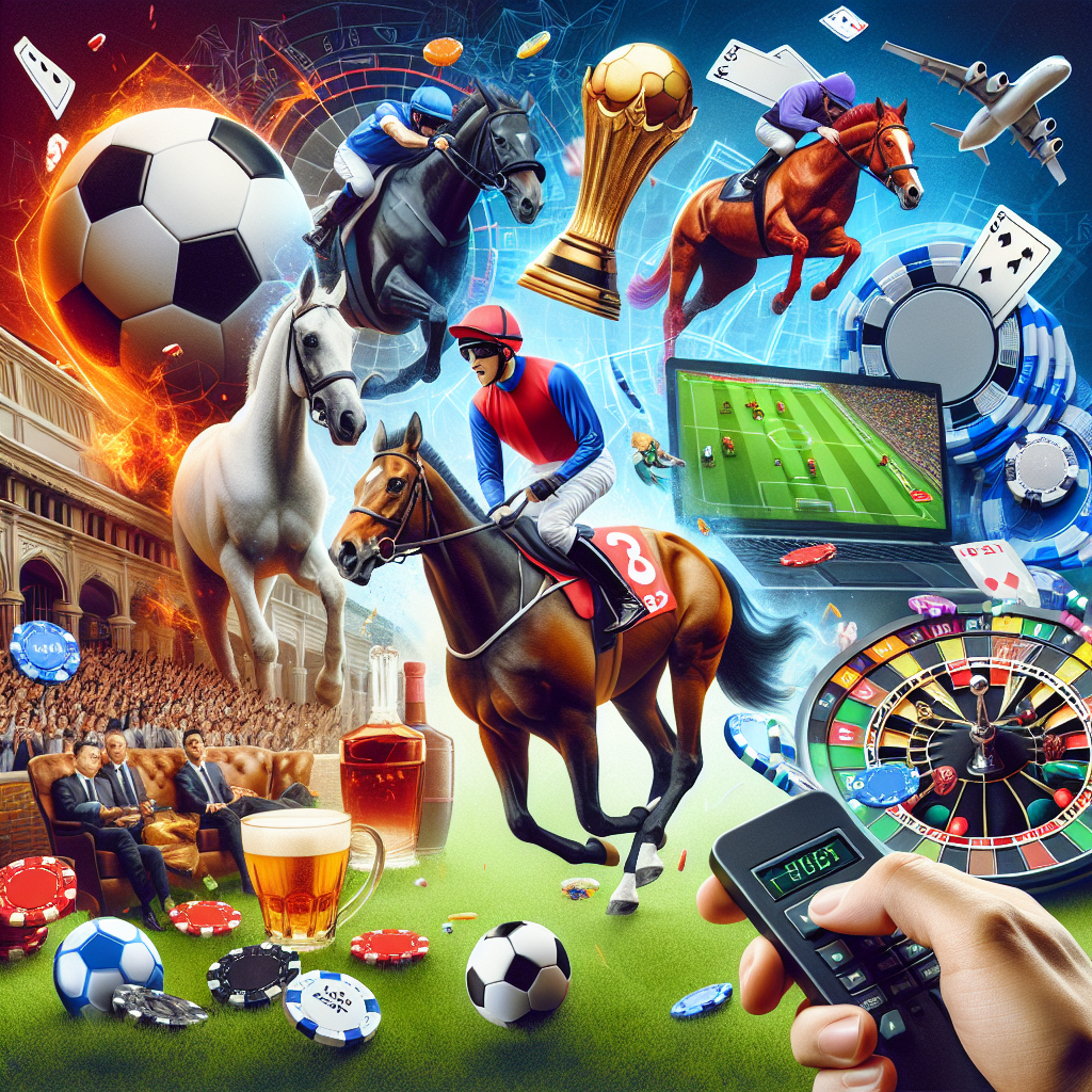 A vibrant digital collage showcasing various sports betting activities in Singapore including football, horse racing, e-sports, and casino games.