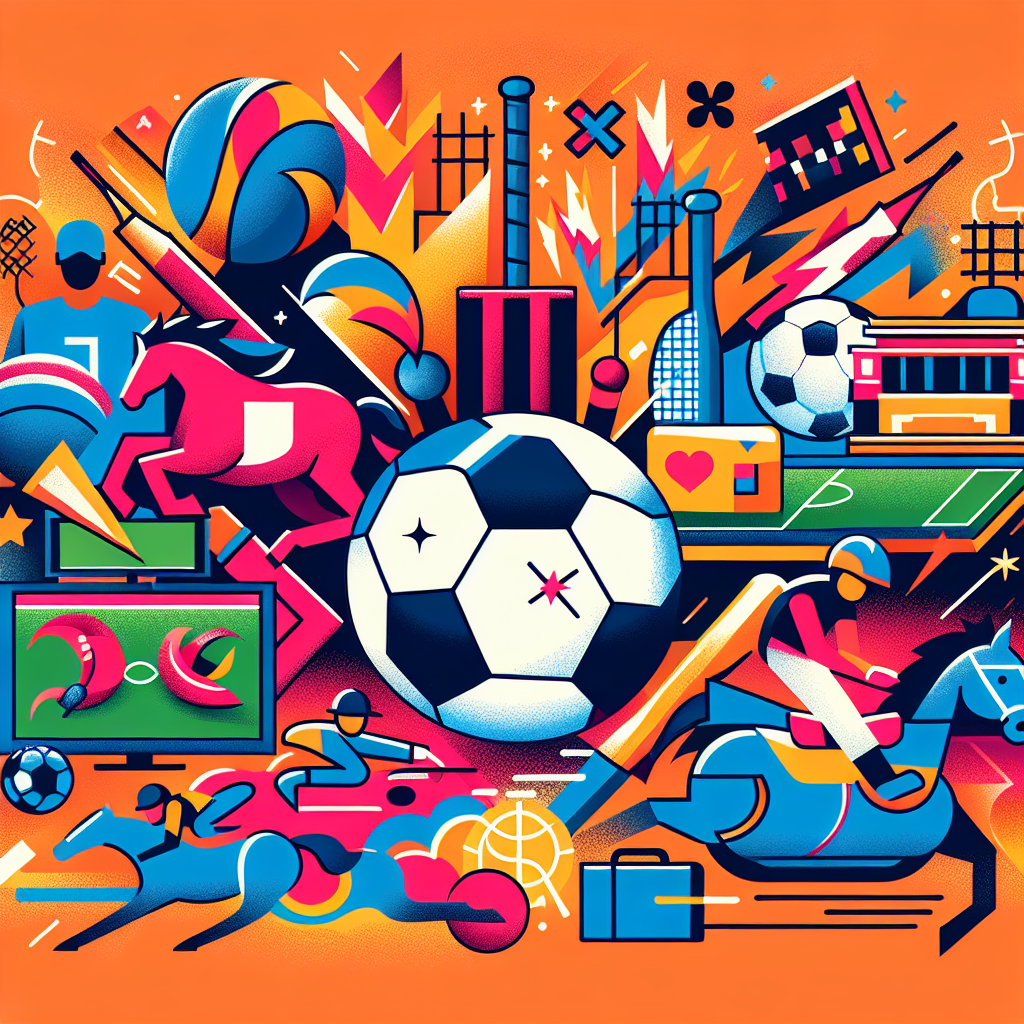 A vibrant digital collage showcasing various sports such as football, cricket, e-sports and horse racing symbols representing online betting in Singapore