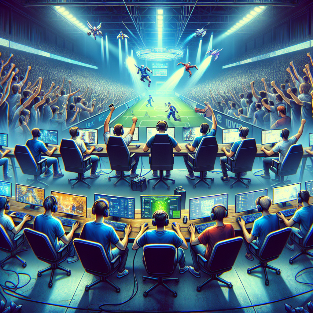 A vibrant illustration depicting various esports games with players competing on screens, surrounded by enthusiastic fans placing bets online