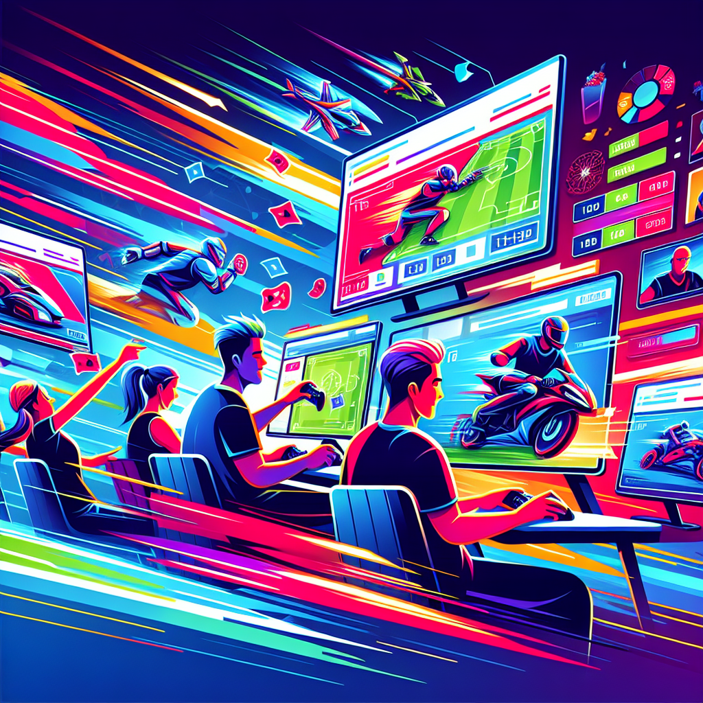 A vibrant illustration depicting various esports betting platforms on screens with gamers enthusiastically placing bets