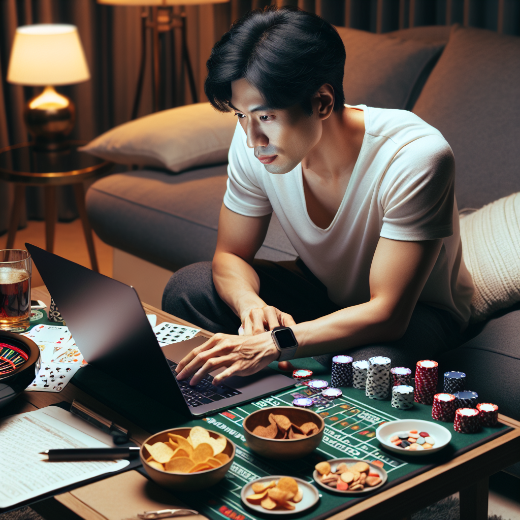 A cozy home setting with a person playing live casino games on a laptop, surrounded by snacks and drinks.