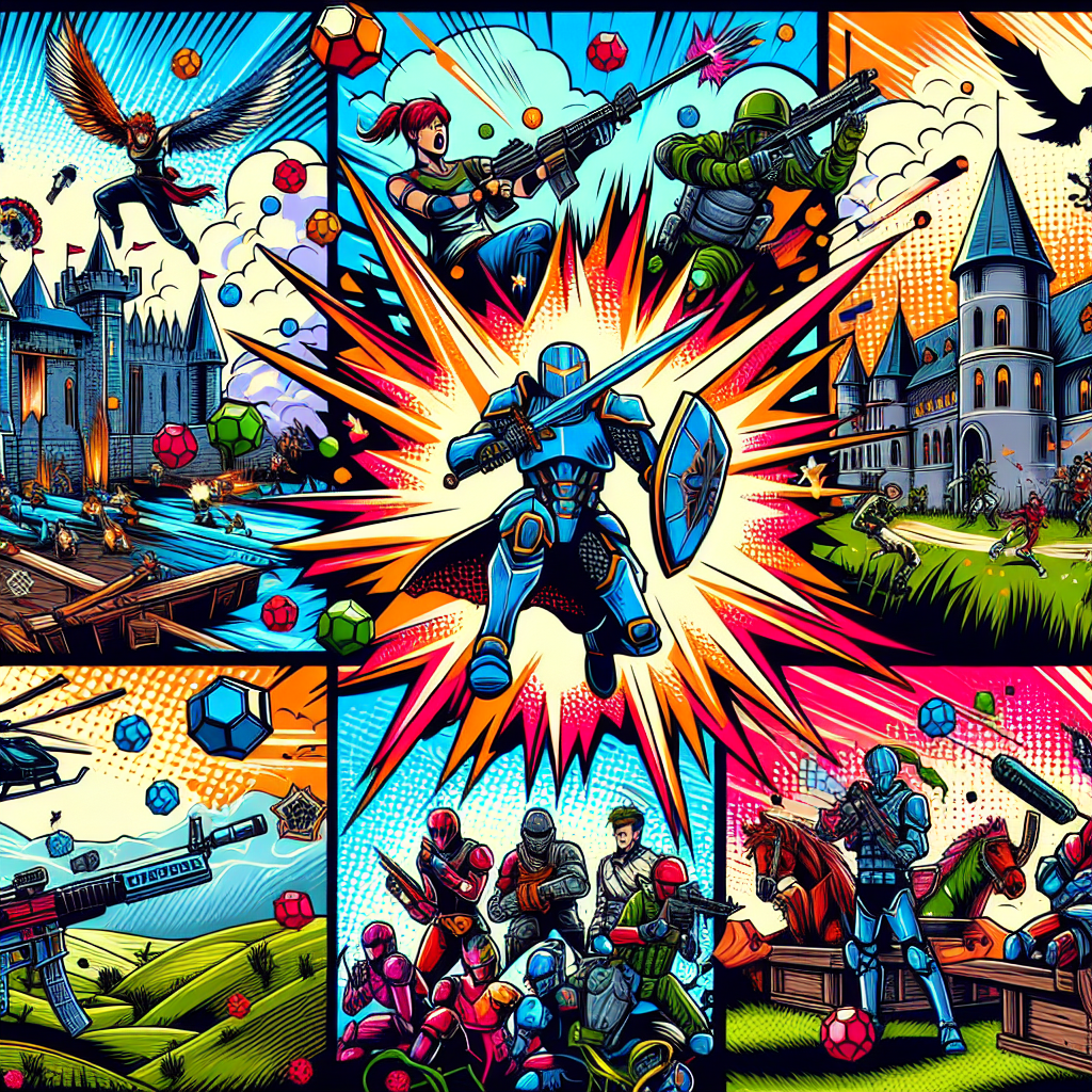 A vibrant illustration depicting popular esports games like Dota 2, League of Legends, Counter-Strike: Global Offensive, and Valorant with dynamic action scenes