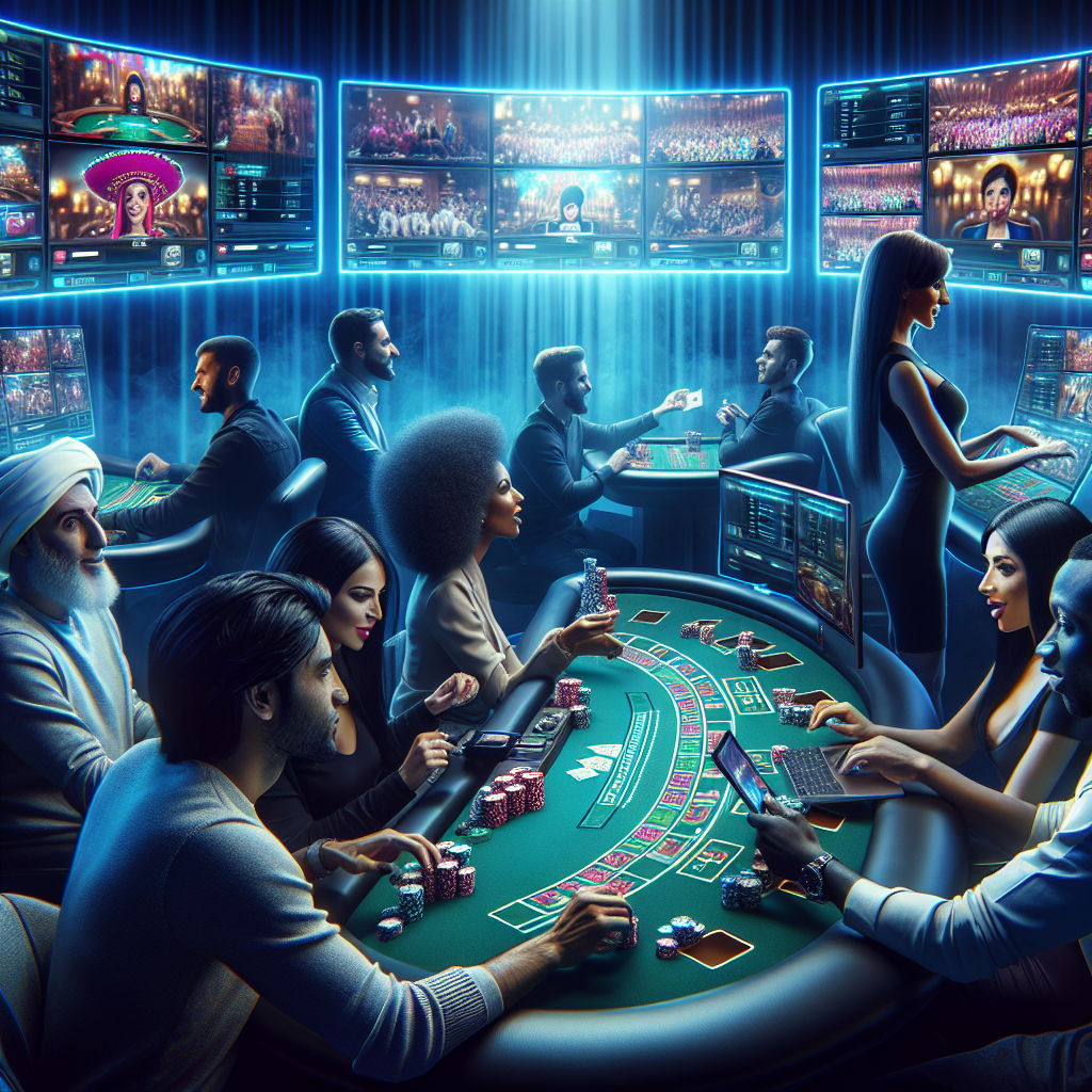 A vibrant and engaging scene depicting a live dealer casino game with players interacting through HD streaming on their devices