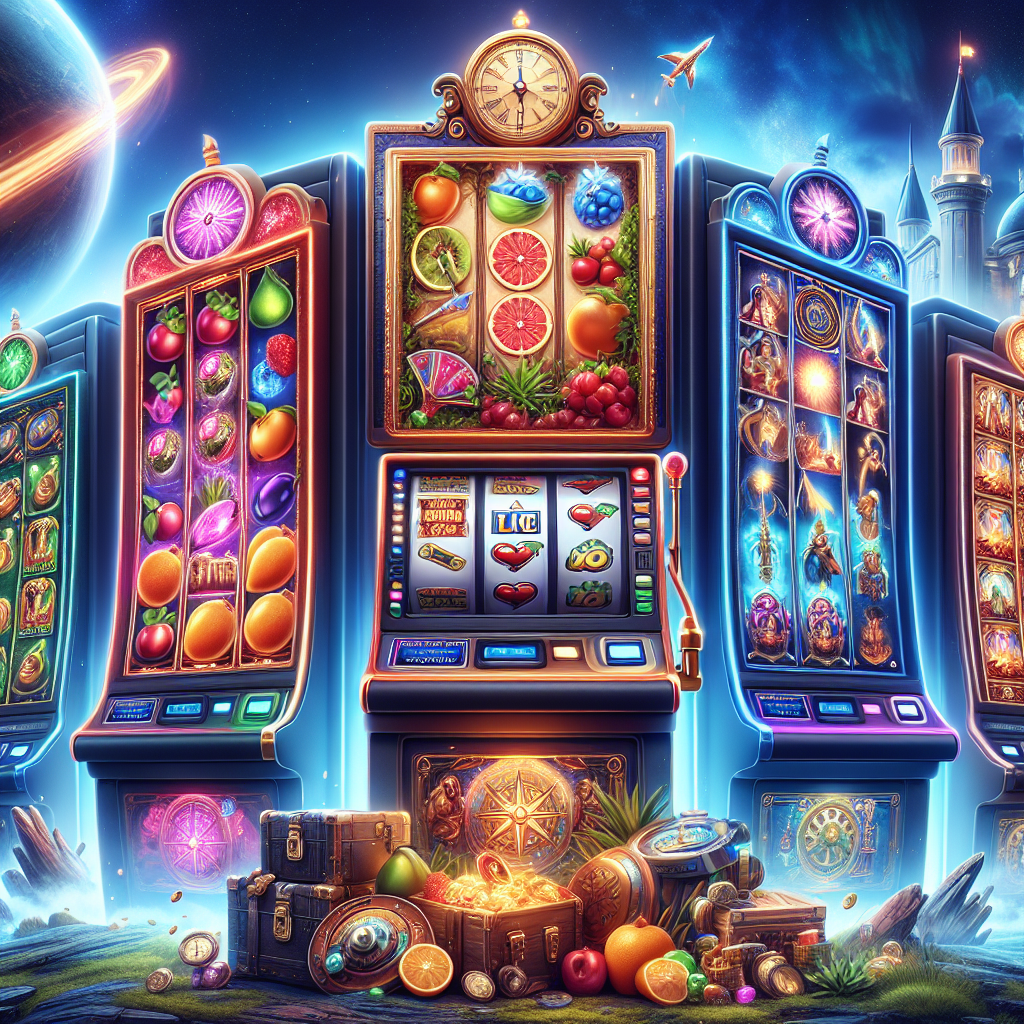A colorful illustration depicting various online slot machines with vibrant themes like fruit, adventure, and fantasy set against a digital backdrop representing online casinos in Singapore.