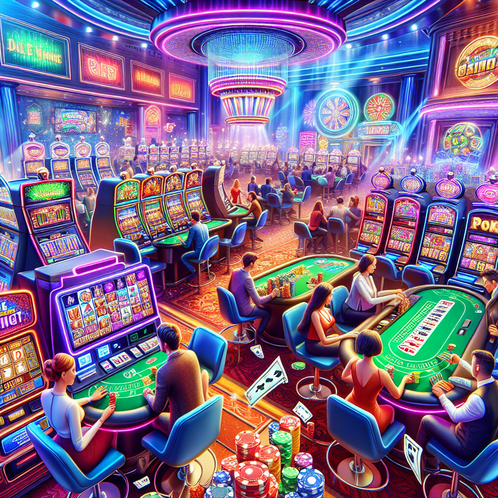 A vibrant illustration of an online casino environment featuring colorful slot machines, poker tables, and excited players engaging in various games
