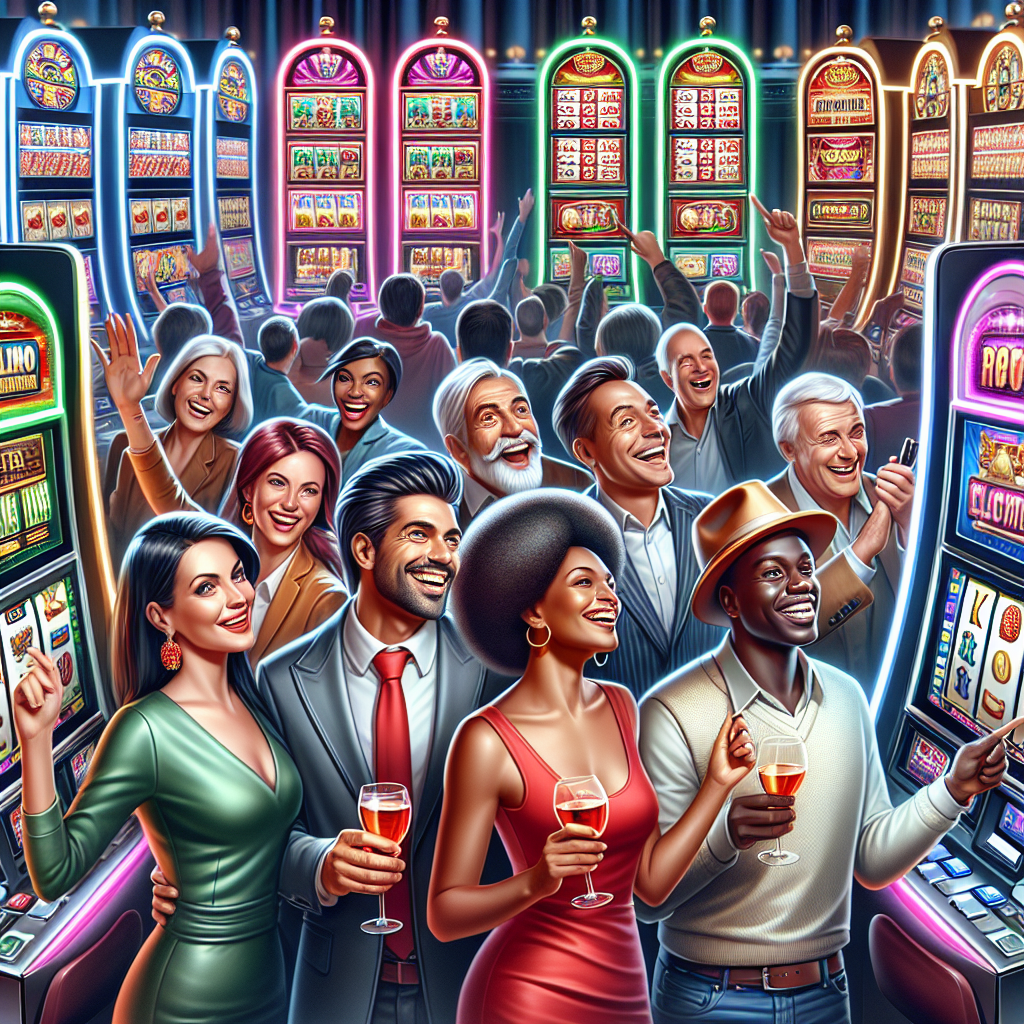 A vibrant casino scene showcasing various online slot machines with high RTPs, colorful graphics, and players enjoying their experience