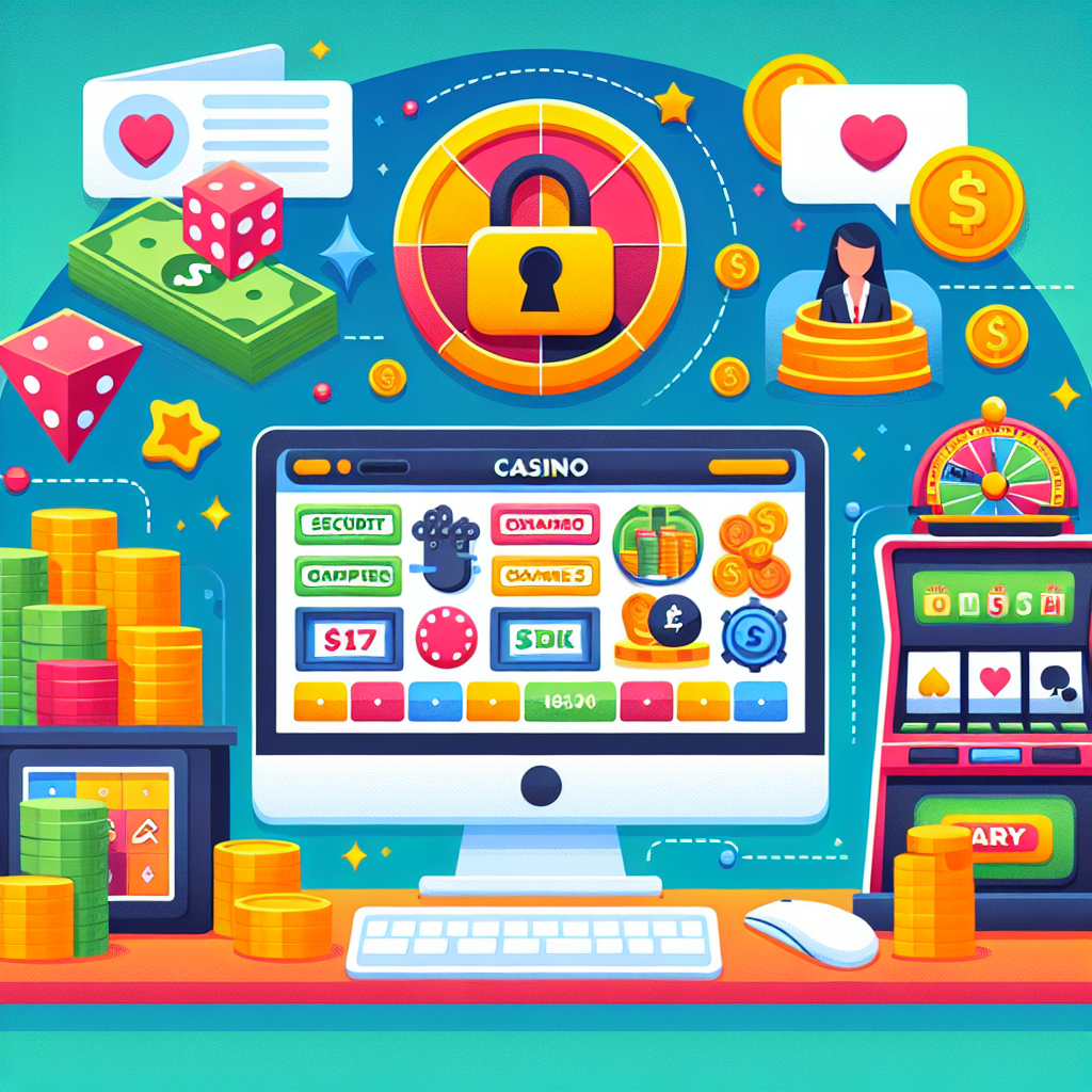 A vibrant illustration showing various features of an online casino such as secure payment methods, diverse game selection, and customer support