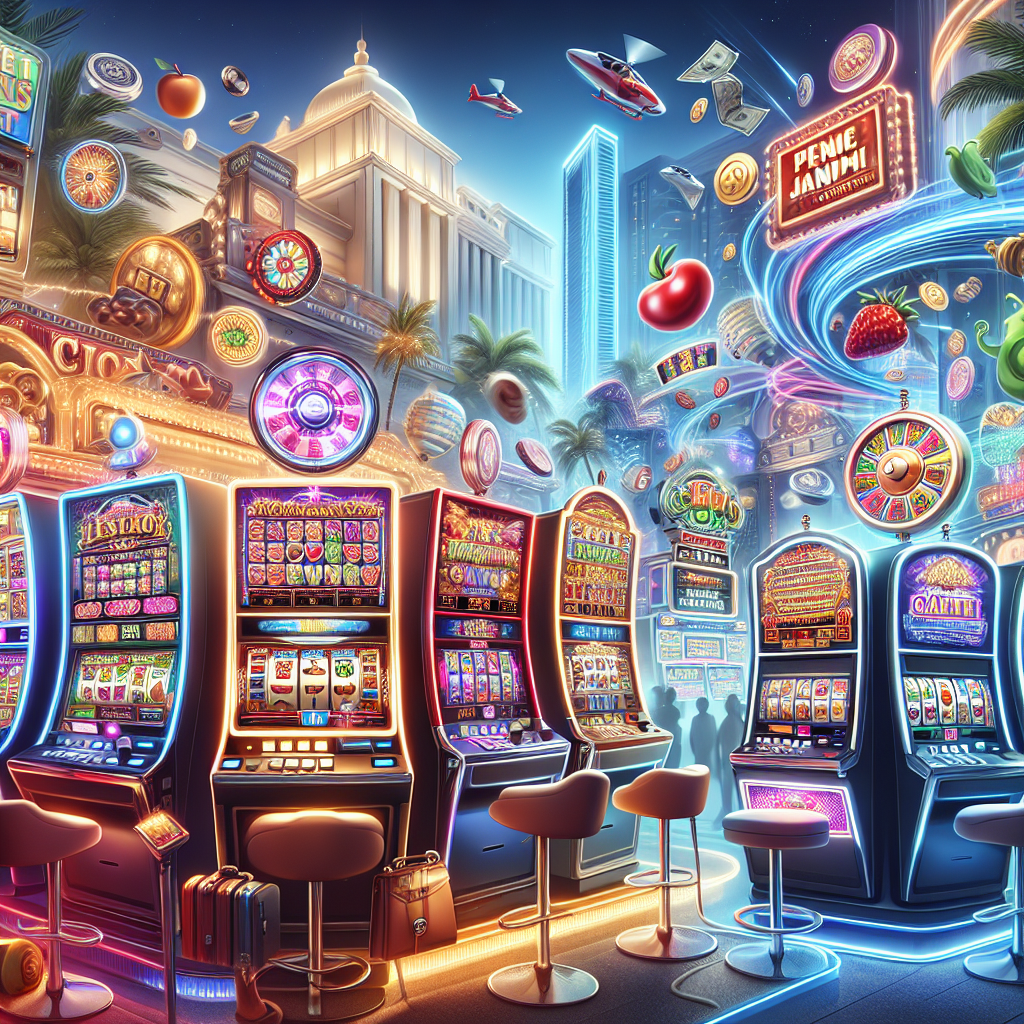 A vibrant digital illustration showcasing various types of online slot machines including classic fruit machines, modern video slots with animations, 3D slots with immersive graphics, penny slots with budget-friendly appeal, and progressive jackpot machines.