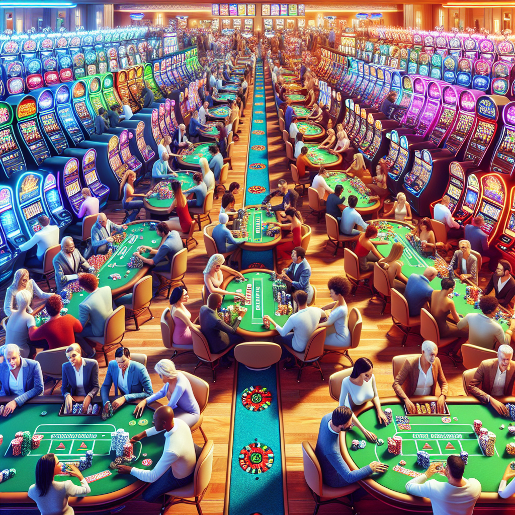 A vibrant illustration of an online casino with people excitedly playing games, featuring elements like slot machines and poker tables